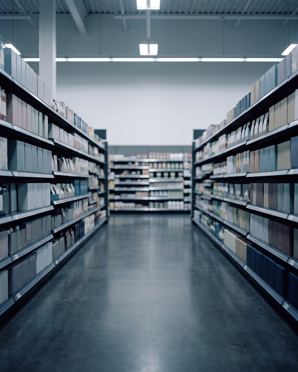 An empty supermarket aisle receding to a soft vanishing point