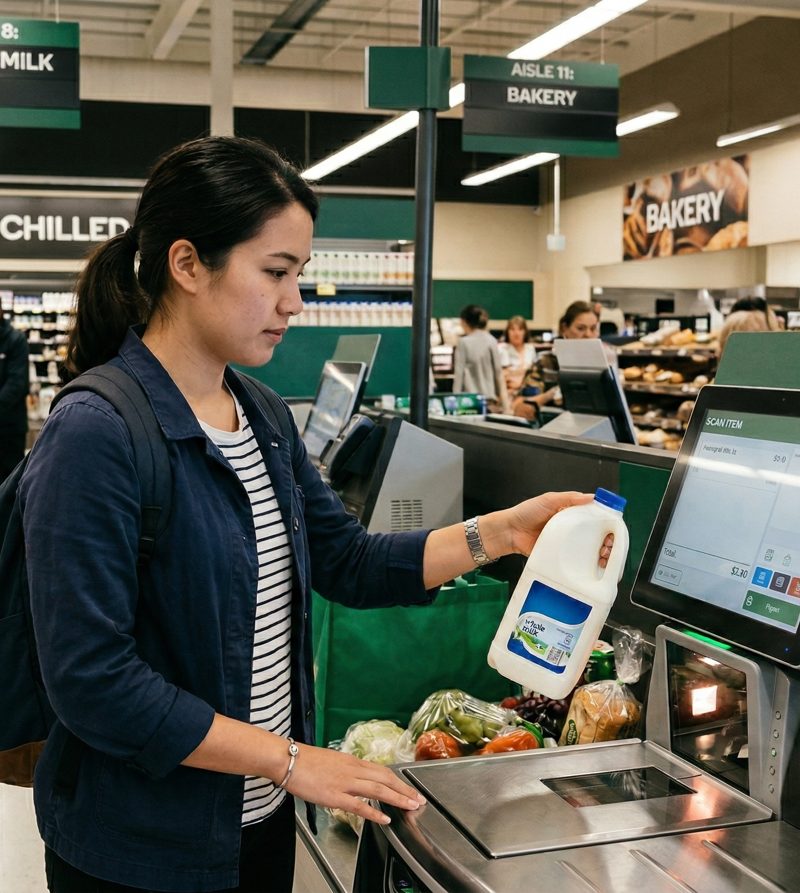 A shopper scanning groceries at a supermarket self-checkout